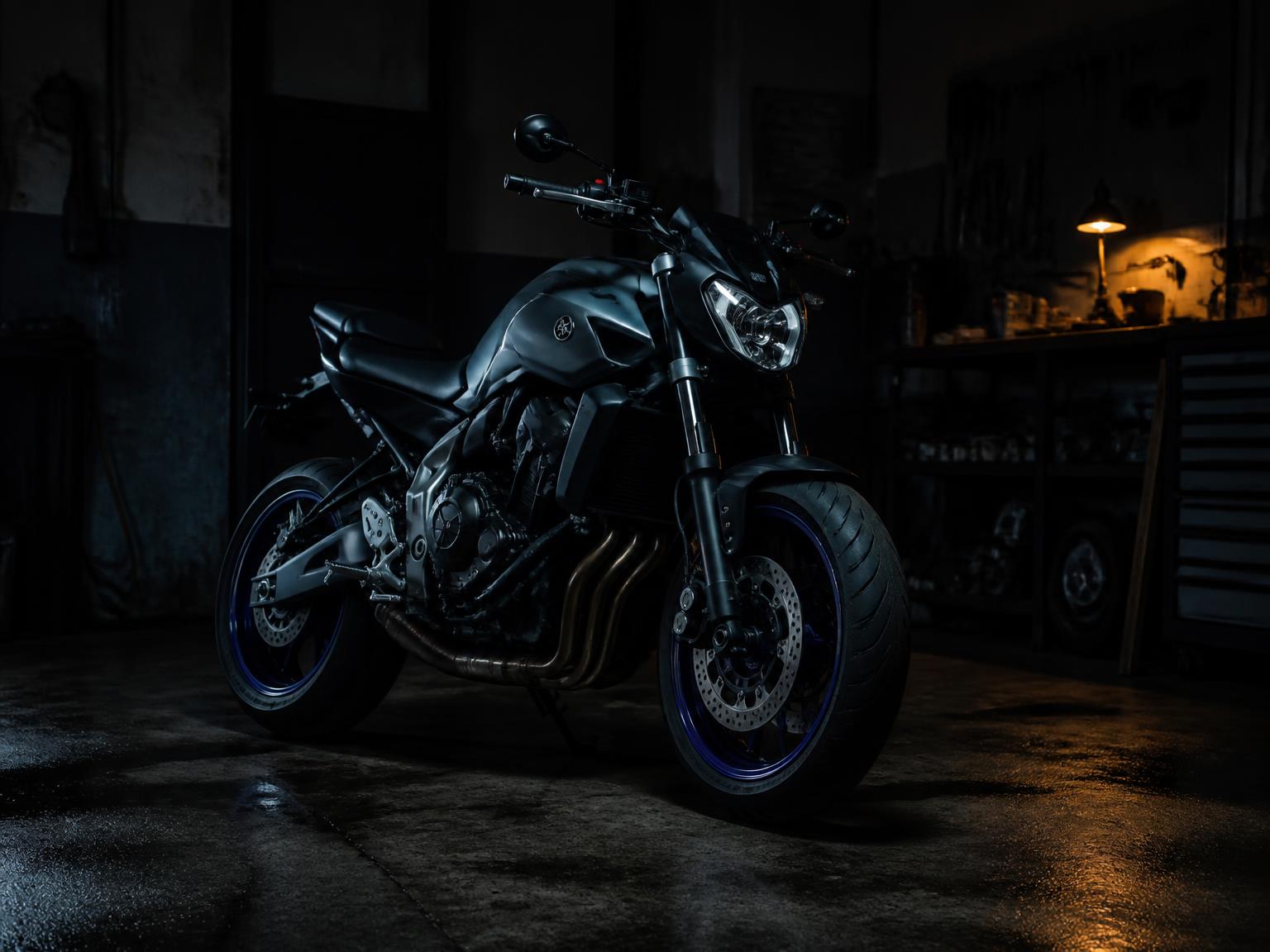 Motorcycle parked in a dark workshop